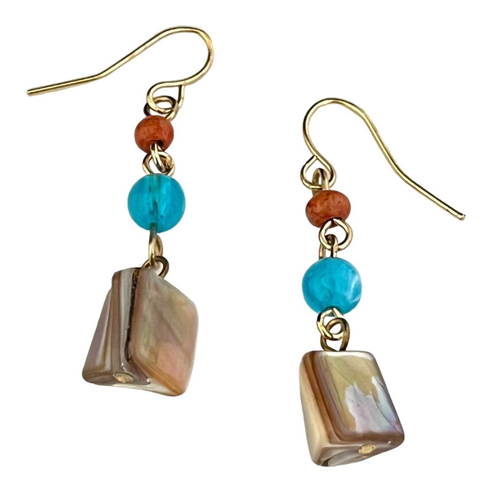 New Boho Earrings Gold Tone Shells Blue Glass Resort Wear 4D